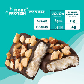 JOJO's bites inside view – creamy coconut center with almond piece visible.