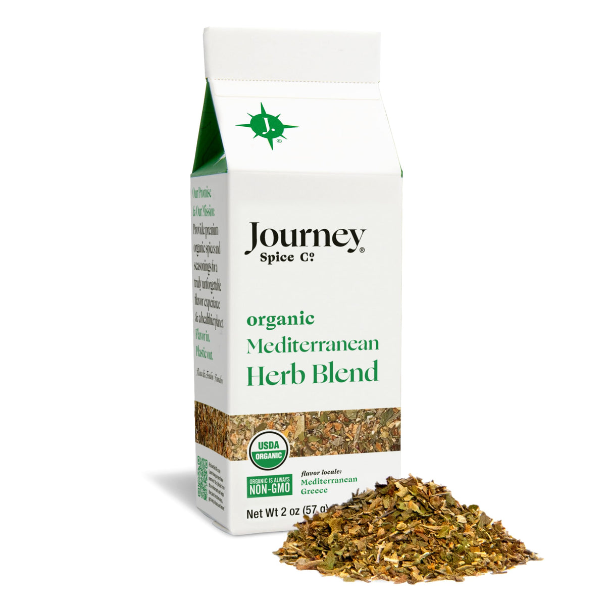 Journey Spice Co. Organic Mediterranean Herb Blend pour bottle enhances flavor with versatile seasoning