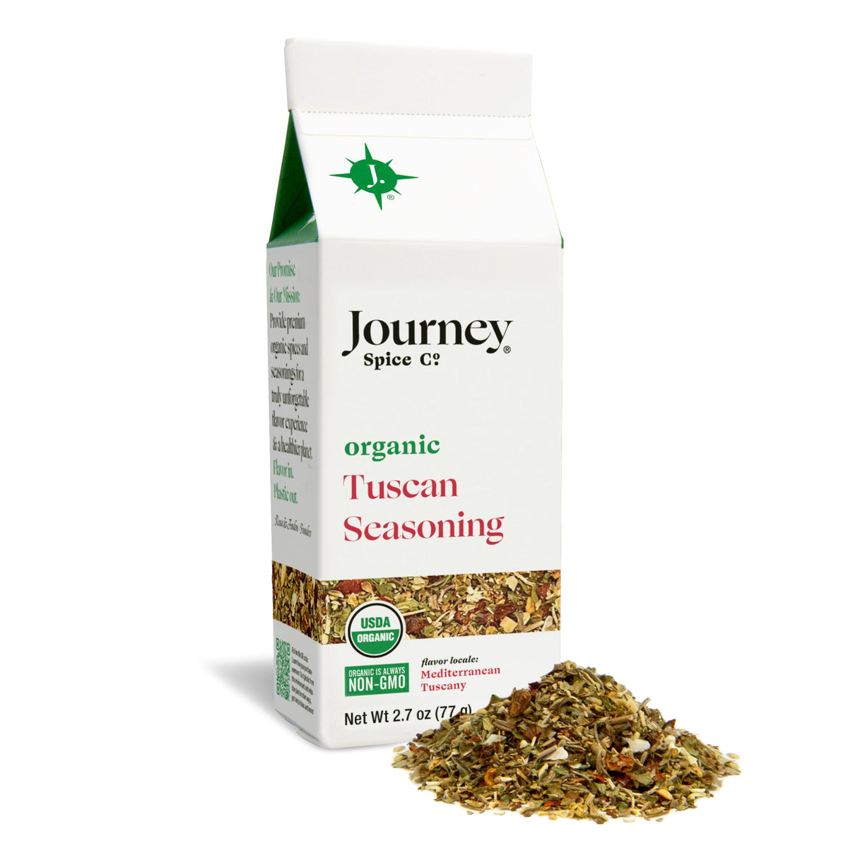 Journey Spice Co. Organic Tuscan Seasoning front label, ideal for steaks, pasta, and vegetables.