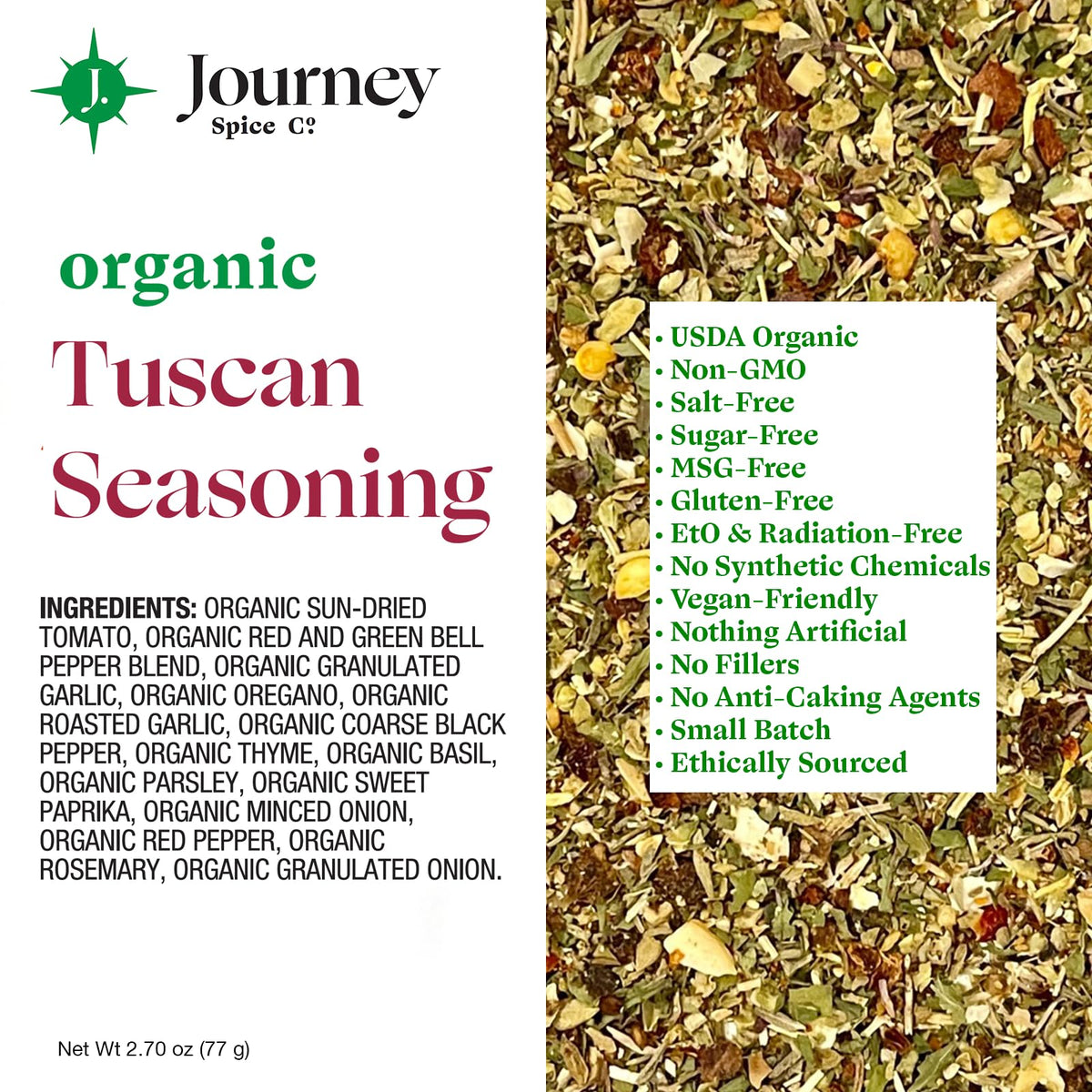 Close-up texture of Journey Spice Co. Organic Tuscan Seasoning with vibrant herbs.