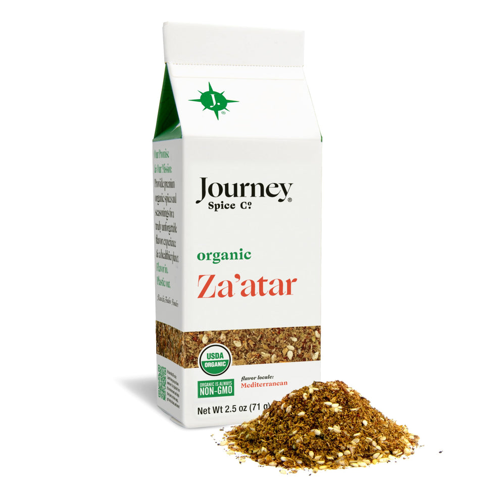 Journey Spice Co Organic Za'atar packaging with eco-friendly cap and freshness focus