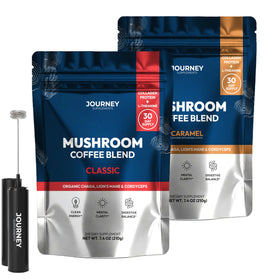 Journey Supplements mushroom coffee bundle classic caramel, showcasing steady energy.