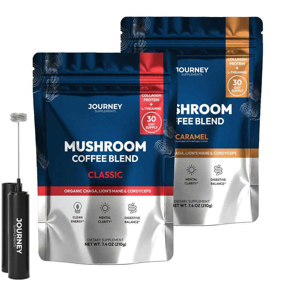 Journey Supplements mushroom coffee bundle classic caramel, showcasing steady energy.