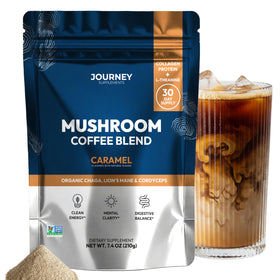 Journey Supplements caramel mushroom coffee bottle showcases rich aroma and focused energy.