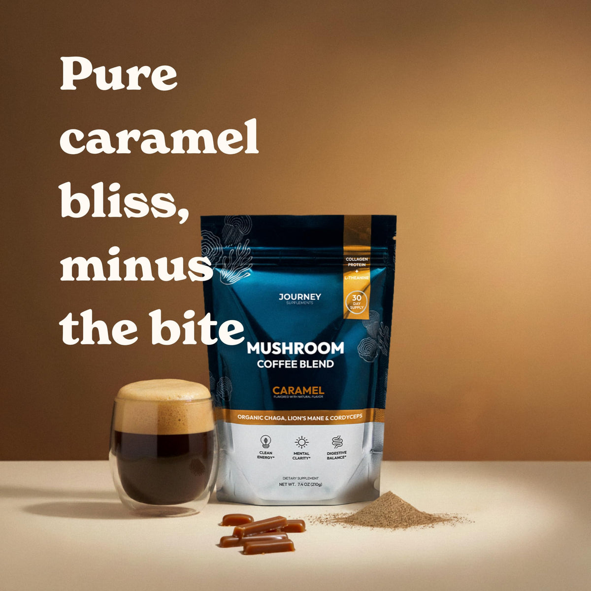 Journey Supplements caramel mushroom coffee pour captures smooth texture for steady alertness.