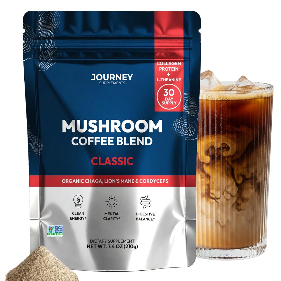 Journey Supplements Mushroom Coffee with Collagen classic bottle showing the blend for steady energy and joint support