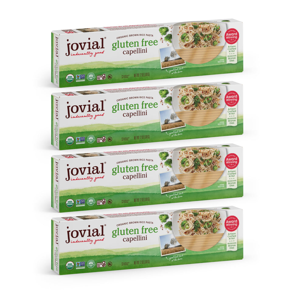Jovial brown rice capellini pack shows organic certification and gluten-free promise.
