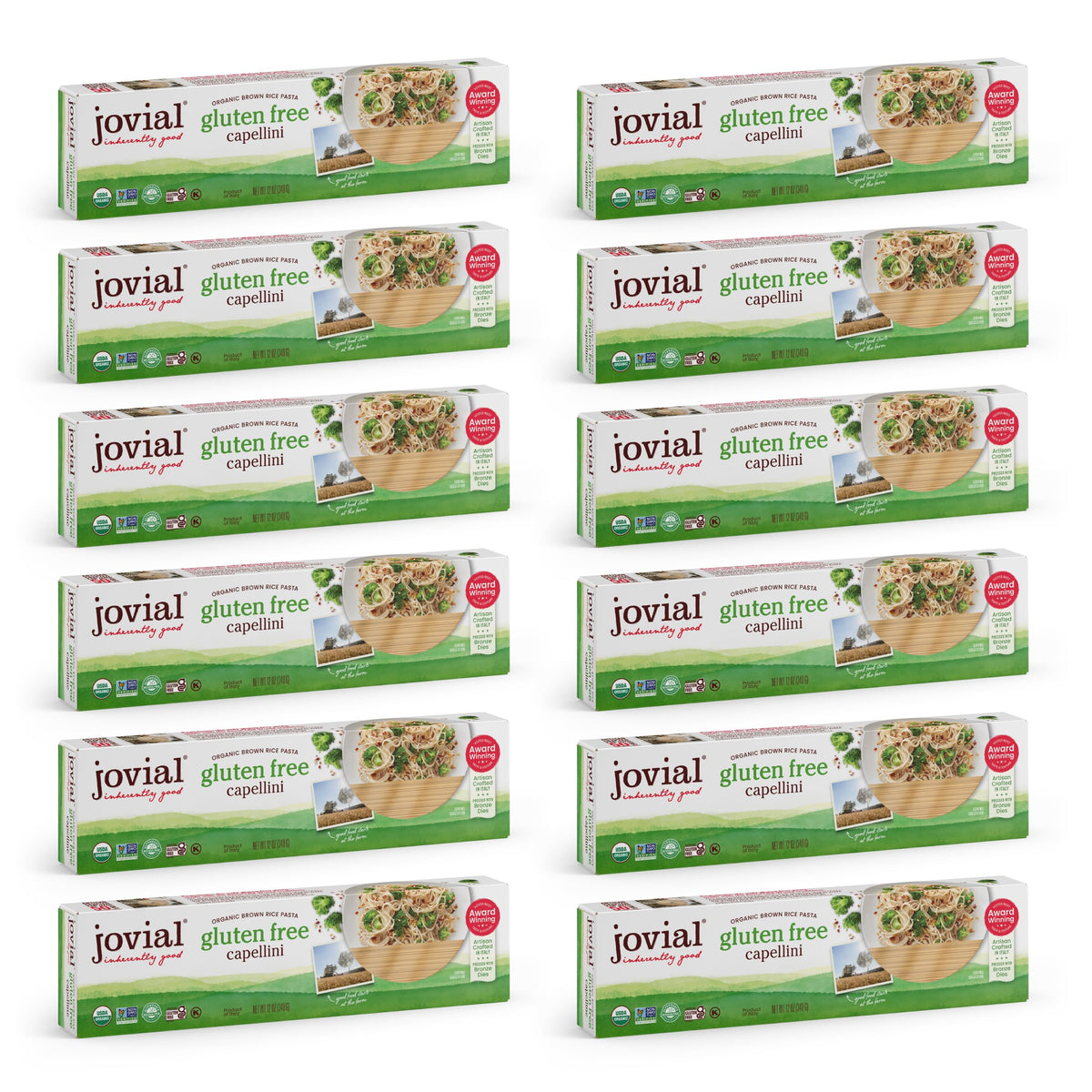 Jovial brown rice capellini packshot showing gluten free pasta for weeknight meals