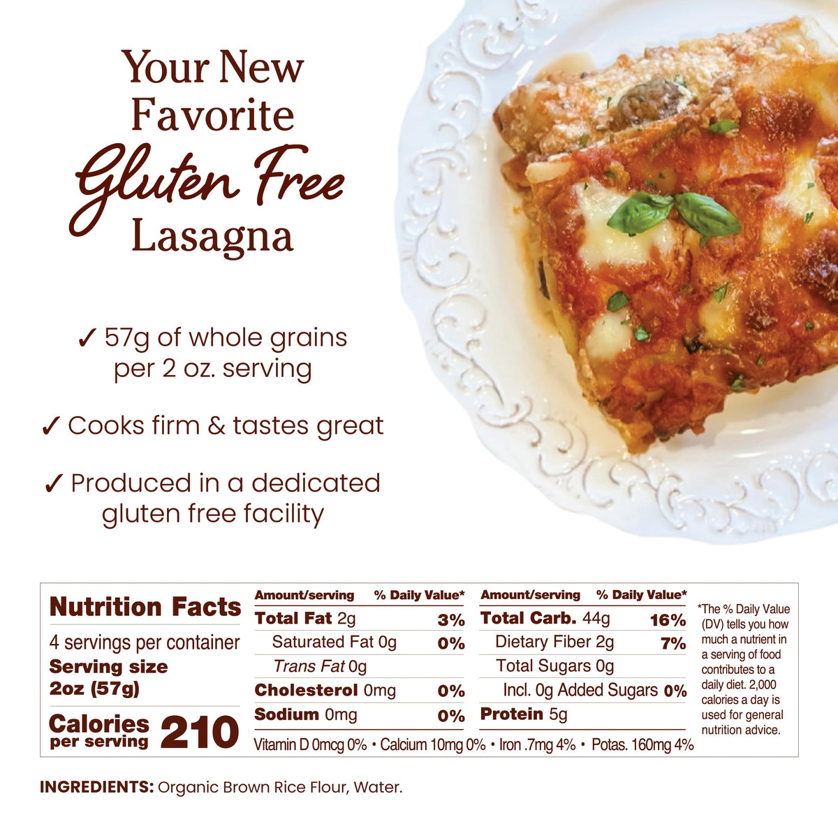 Jovial lasagna noodles back label emphasizes certified gluten-free and organic ingredients.