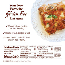 Jovial lasagna noodles back label emphasizes certified gluten-free and organic ingredients.
