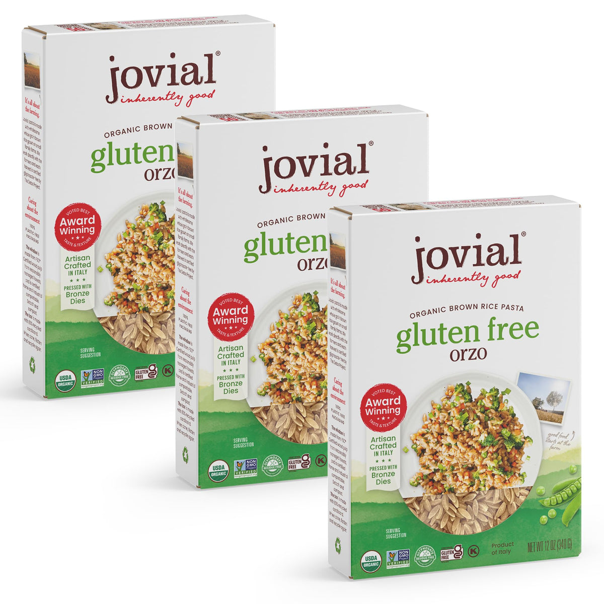 Jovial brown rice orzo dry pasta in bag, convenient gluten-free option.