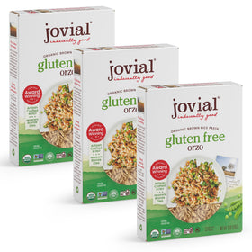 Jovial brown rice orzo dry pasta in bag, convenient gluten-free option.