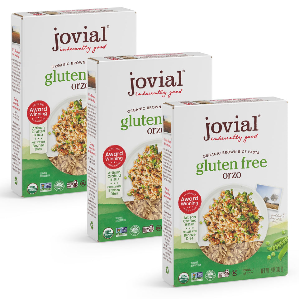 Jovial brown rice orzo dry pasta in bag, convenient gluten-free option.