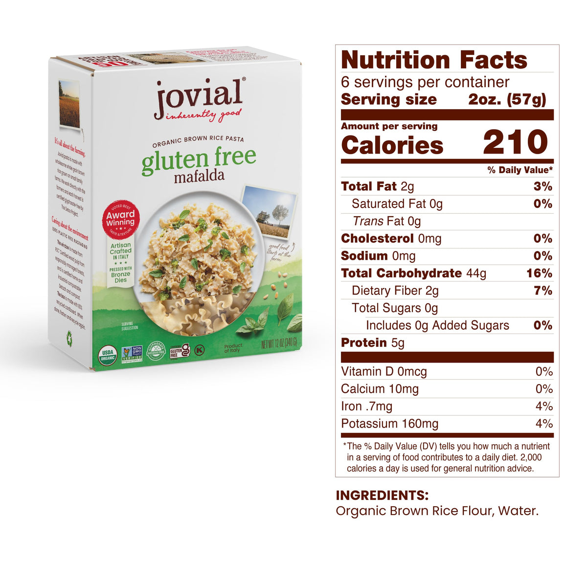 Jovial brown rice pasta Casarecce shape with al dente bite for versatile sauces.