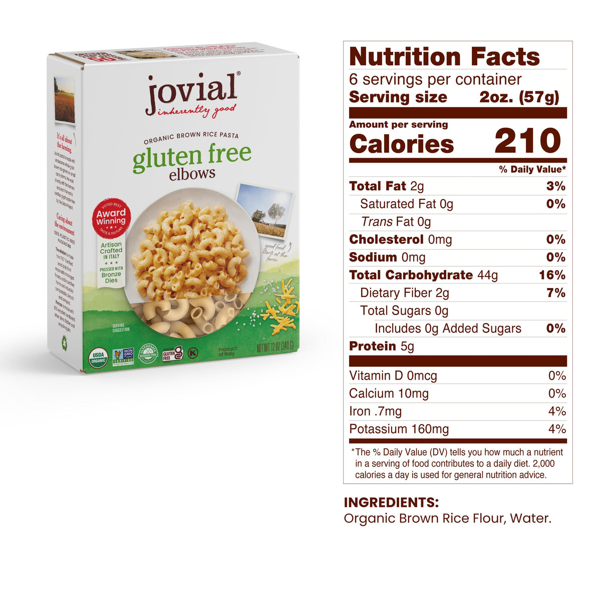 Jovial brown rice pasta Farfalle shape glistening with olive oil and herbs.