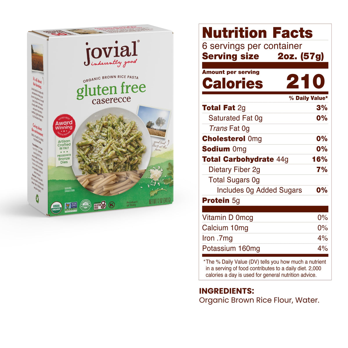 Jovial Brown Rice Pasta Fusilli spirals cling to sauces in dairy-free dishes.