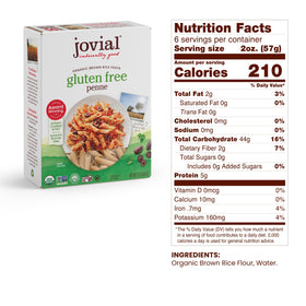 Jovial Brown Rice Pasta ingredients; two simple components: organic brown rice and water.