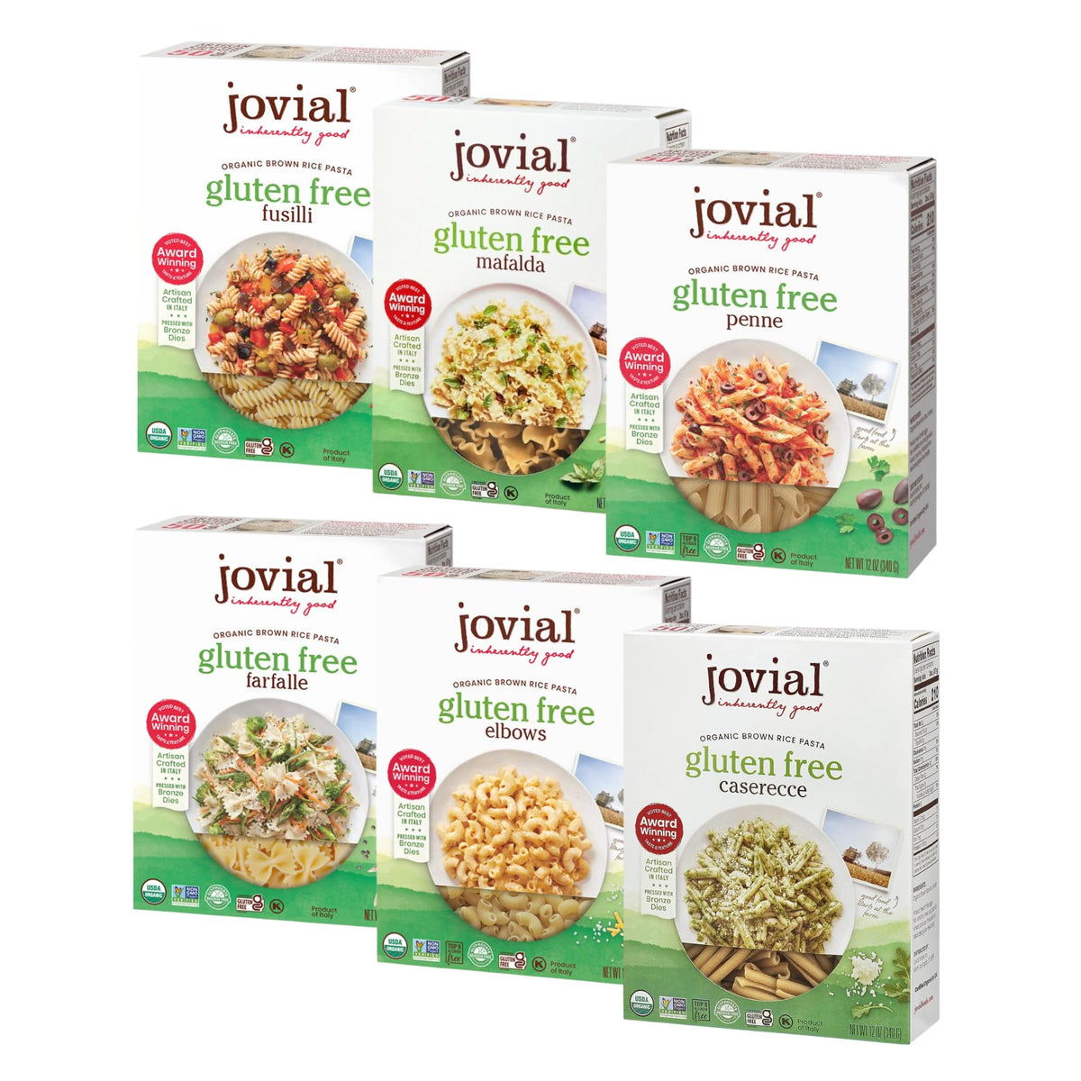 Jovial brown rice pasta Mafalda shape ready to pair with rich tomato sauce.