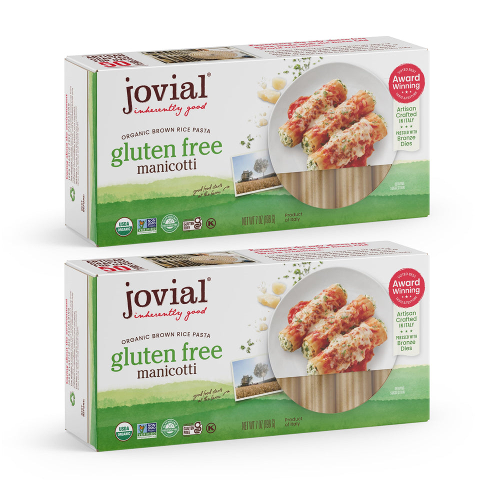 Jovial manicotti pasta pack showing whole grain content for hearty meals.