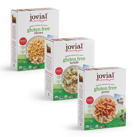 Jovial brown rice pasta variety pack front view, gluten-free option for quick meals