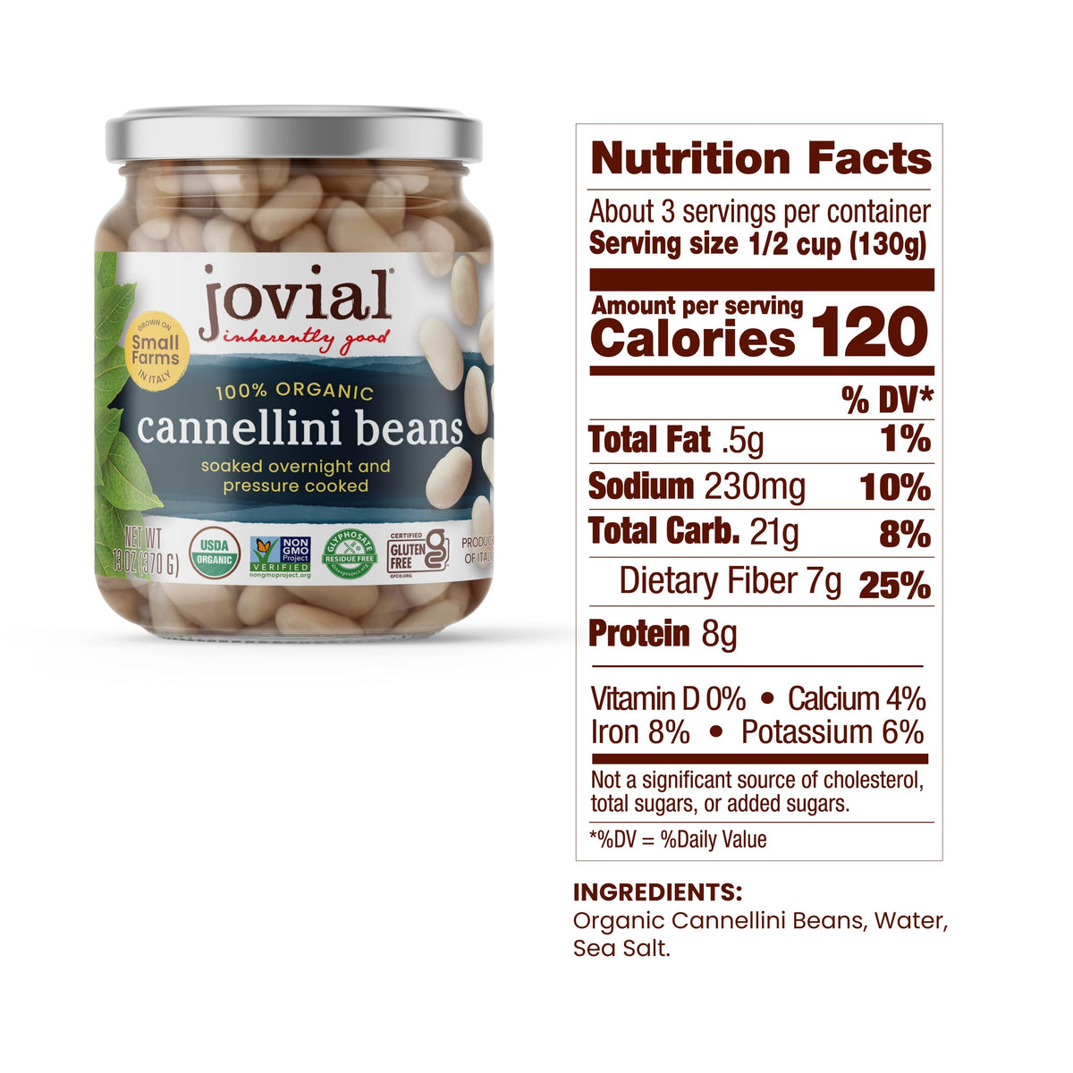 Jovial Cannellini beans poured from the glass jar for simple salads.