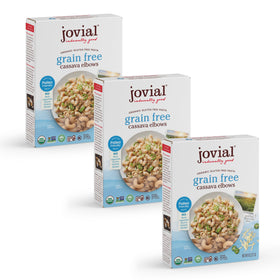 Jovial Cassava Elbows pack shown, gluten-free pasta option for quick weeknight meals.