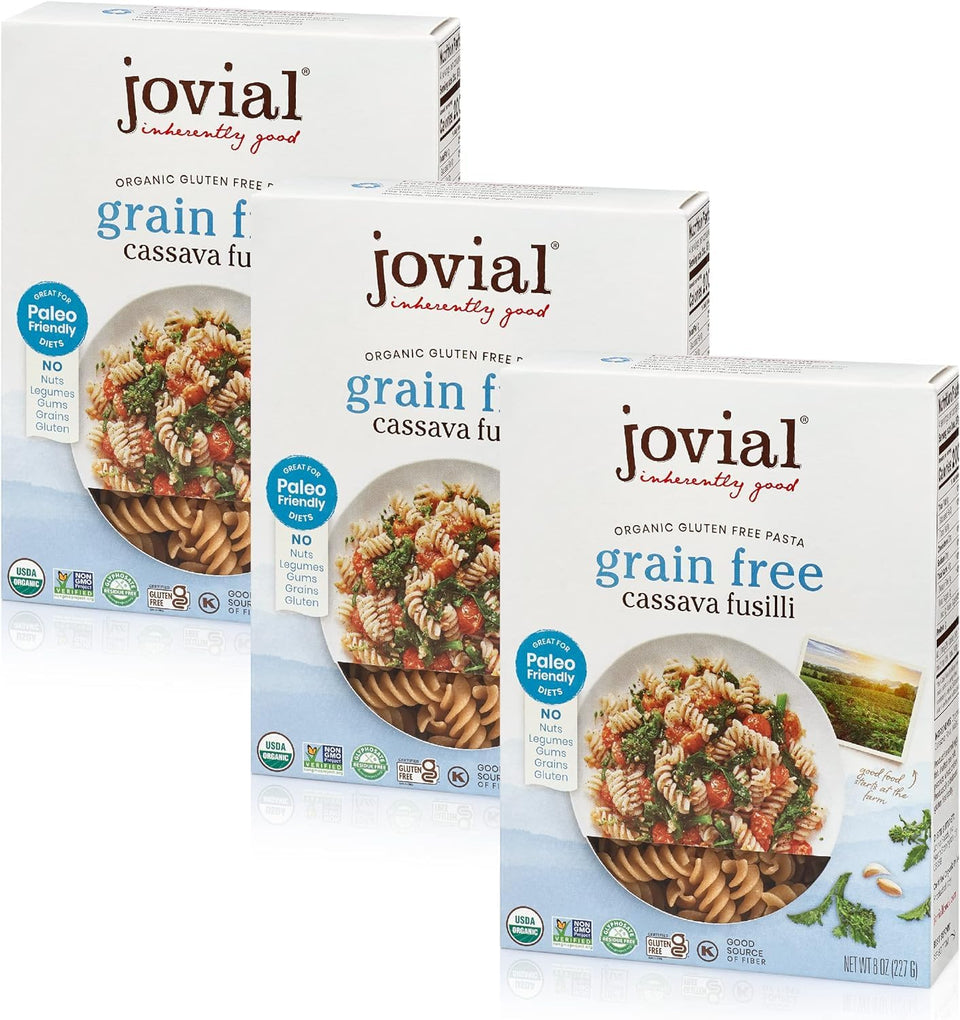 Jovial Cassava Fusilli pack displaying gluten-free grain-free pasta packaging.