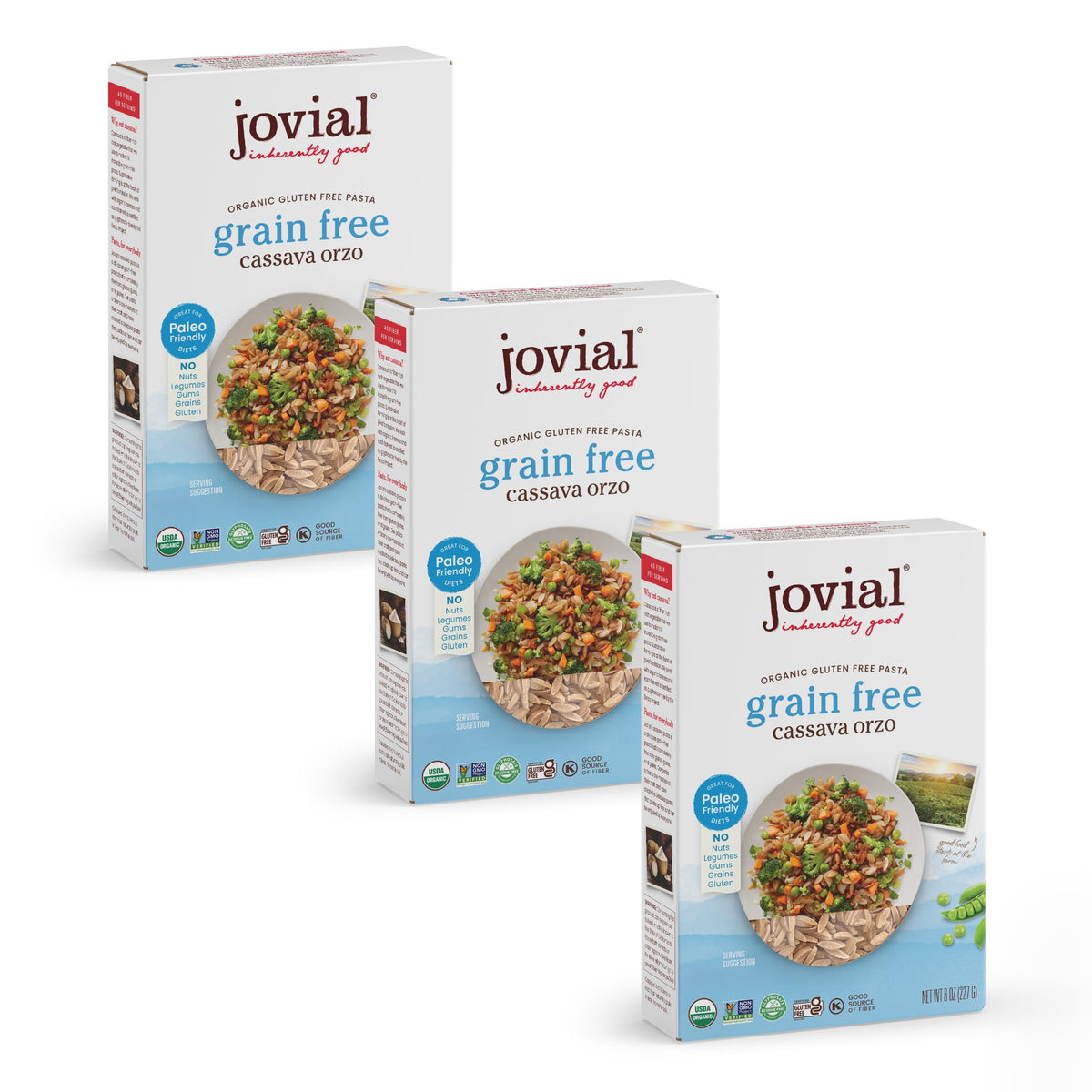 Jovial Cassava Orzo packaging highlights organic, gluten-free pasta.