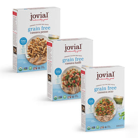 Jovial Cassava Pasta variety pack with Orzo, Penne, and Fusilli for gluten-free meal ideas