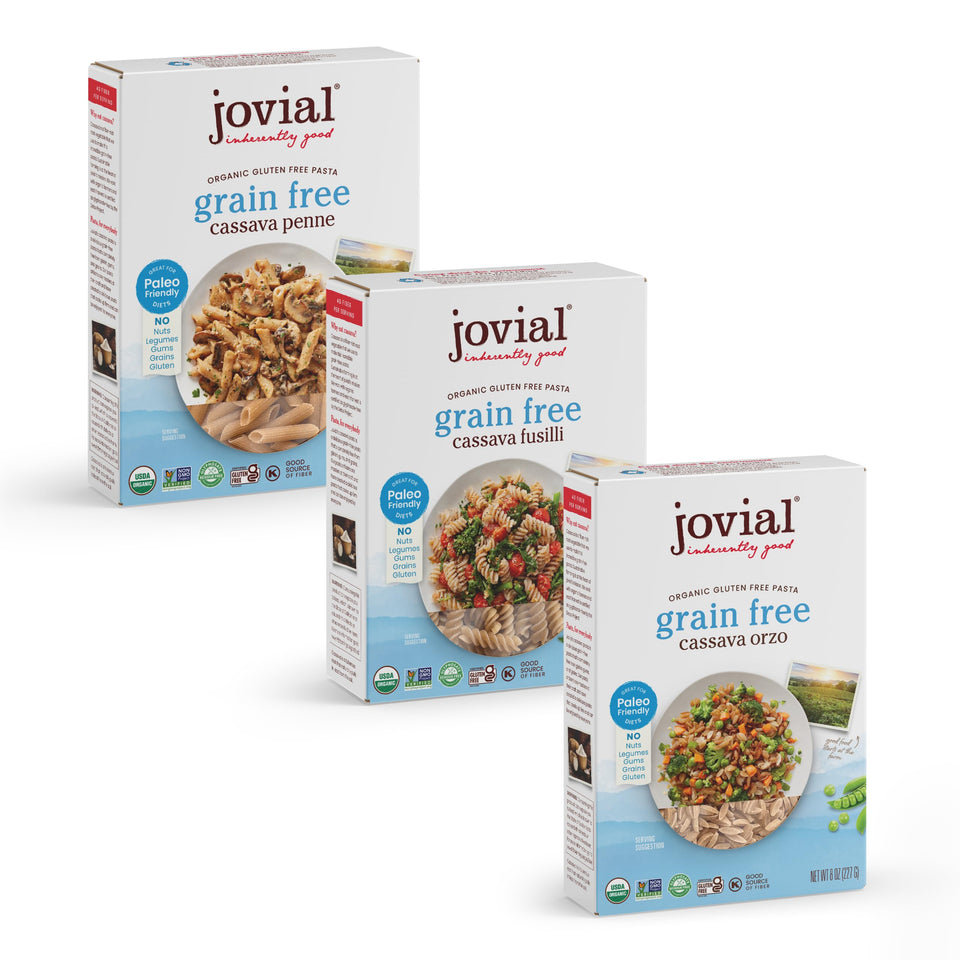Jovial Cassava Pasta variety pack with Orzo, Penne, and Fusilli for gluten-free meal ideas
