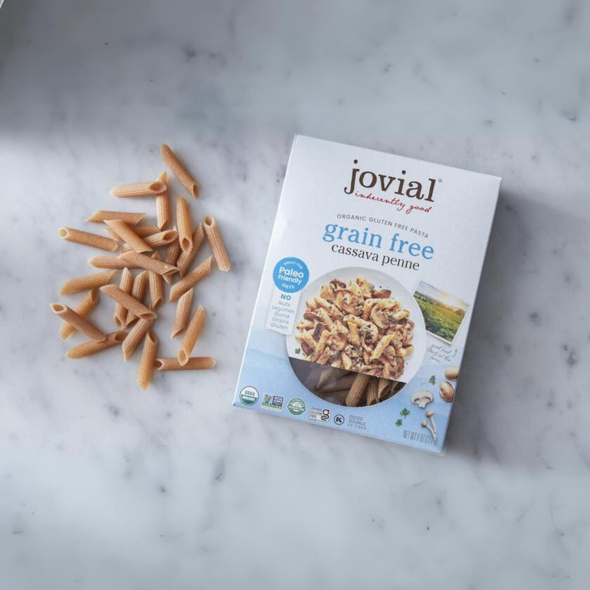 Jovial Cassava Penne Rigate ingredients close-up features organic cassava flour base.