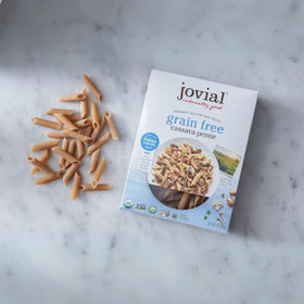 Jovial Cassava Penne Rigate ingredients close-up features organic cassava flour base.