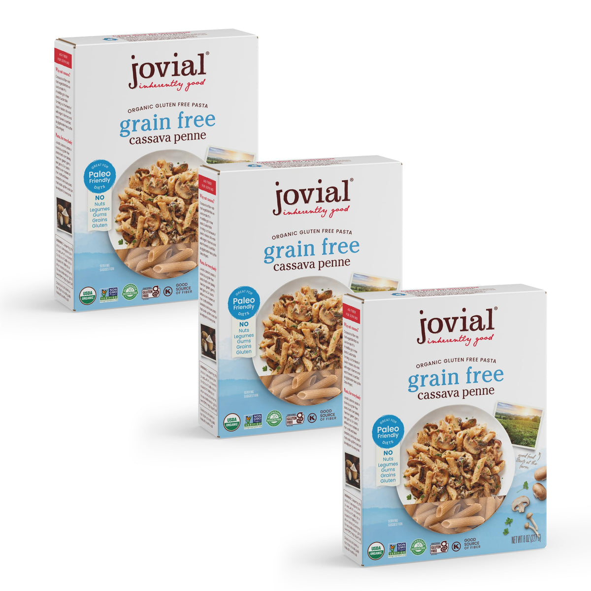 Jovial Cassava Penne Rigate pack-shot showing gluten-free, grain-free pasta option.