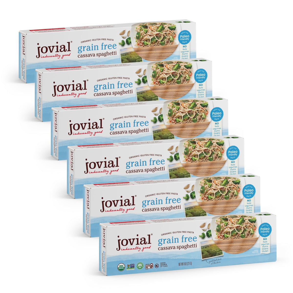 Jovial Cassava Spaghetti box front highlighting gluten-free, organic packaging.