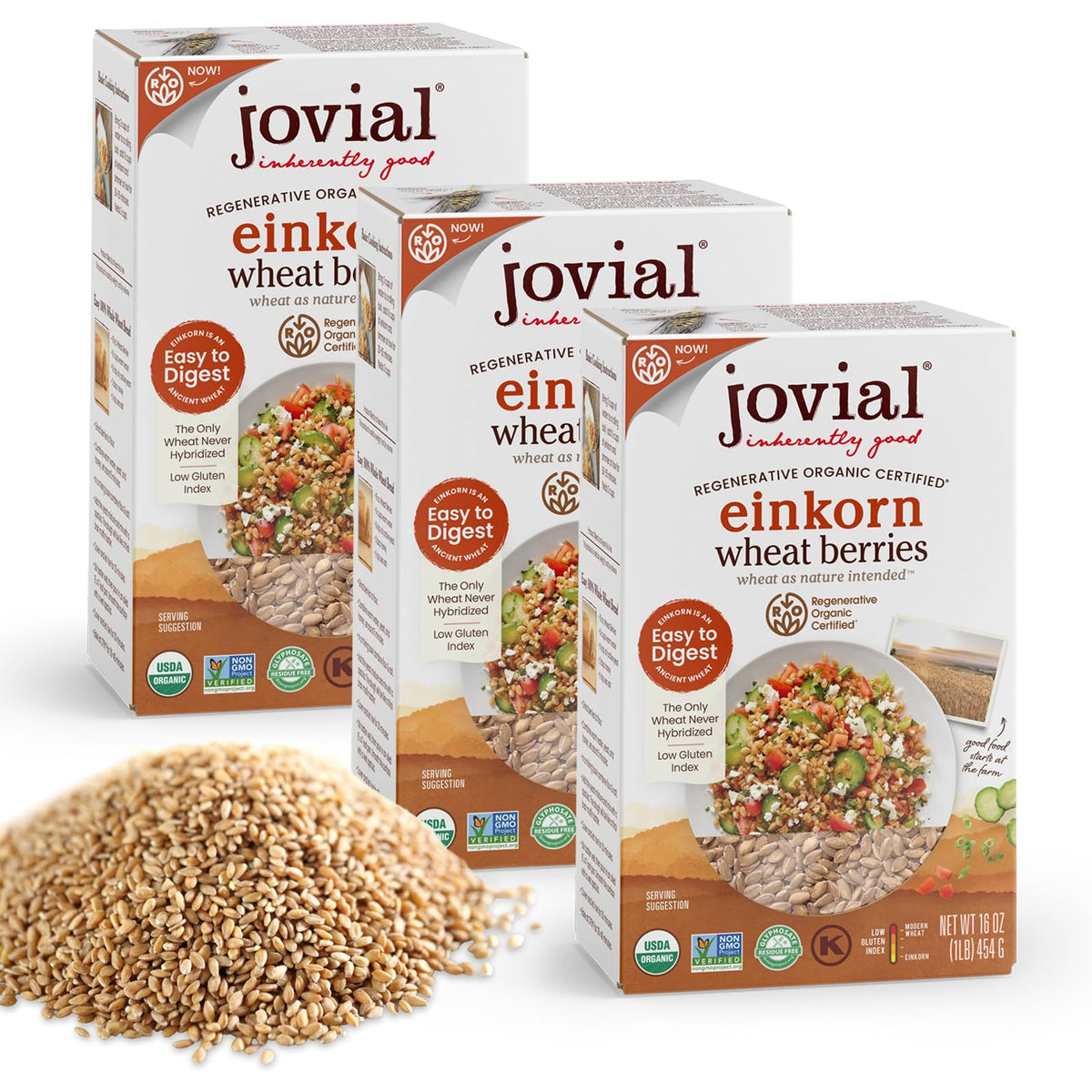 Jovial Einkorn Berries packaging with organic label signals clean ingredients.