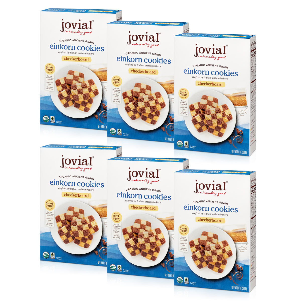 Jovial Organic Einkorn Checkerboard Cookies pack shot highlighting organic ingredients and small-batch artistry