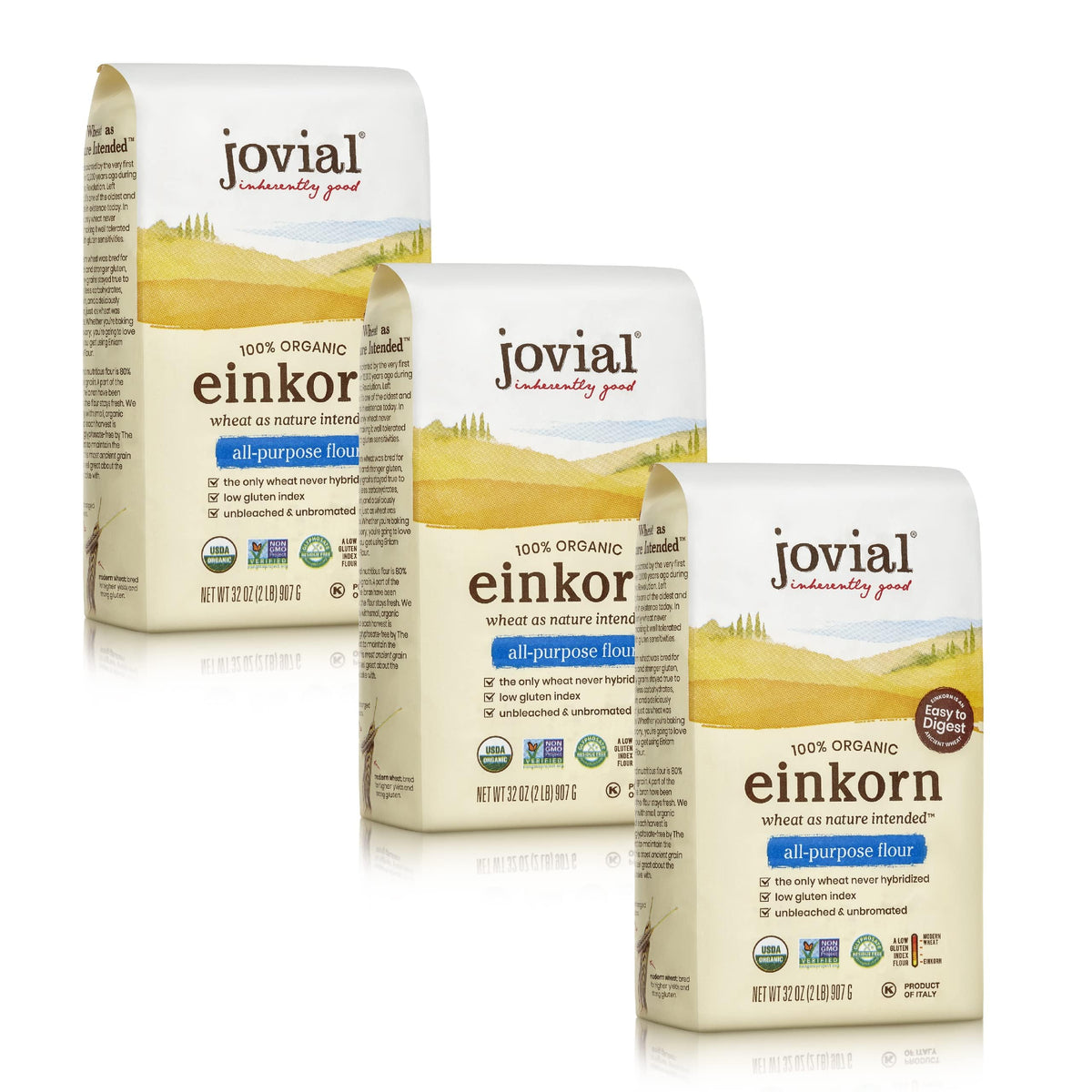 Jovial Einkorn flour 3-pack packaging shows organic, non-GMO quality for baking