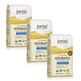 Jovial Einkorn flour 3-pack packaging shows organic, non-GMO quality for baking