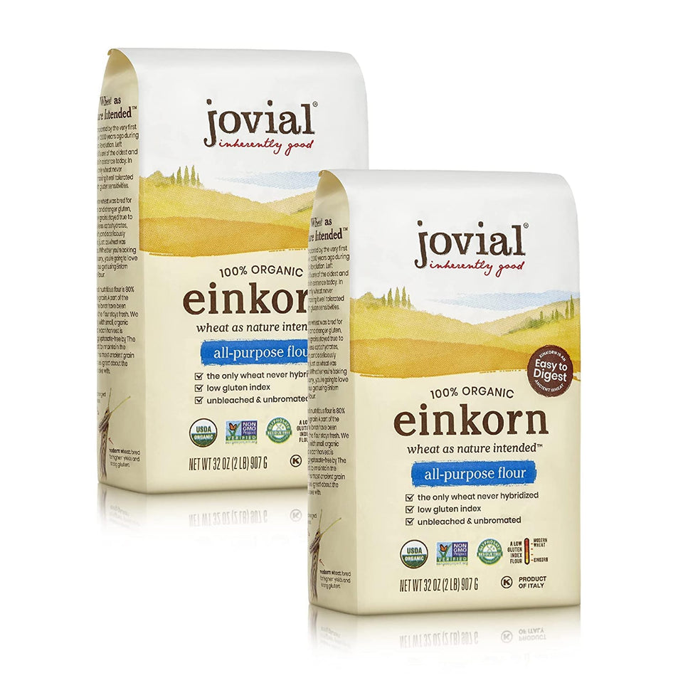 Jovial Einkorn flour bag closeup highlighting organic purity for trusted baking.