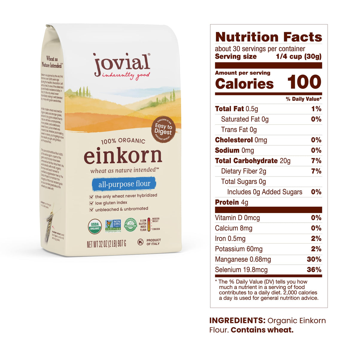 Jovial Einkorn flour bag close-up highlighting natural color and silky texture for breads