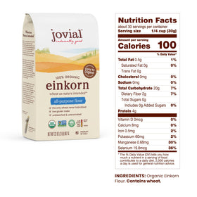 Jovial Einkorn flour bag close-up highlighting natural color and silky texture for breads