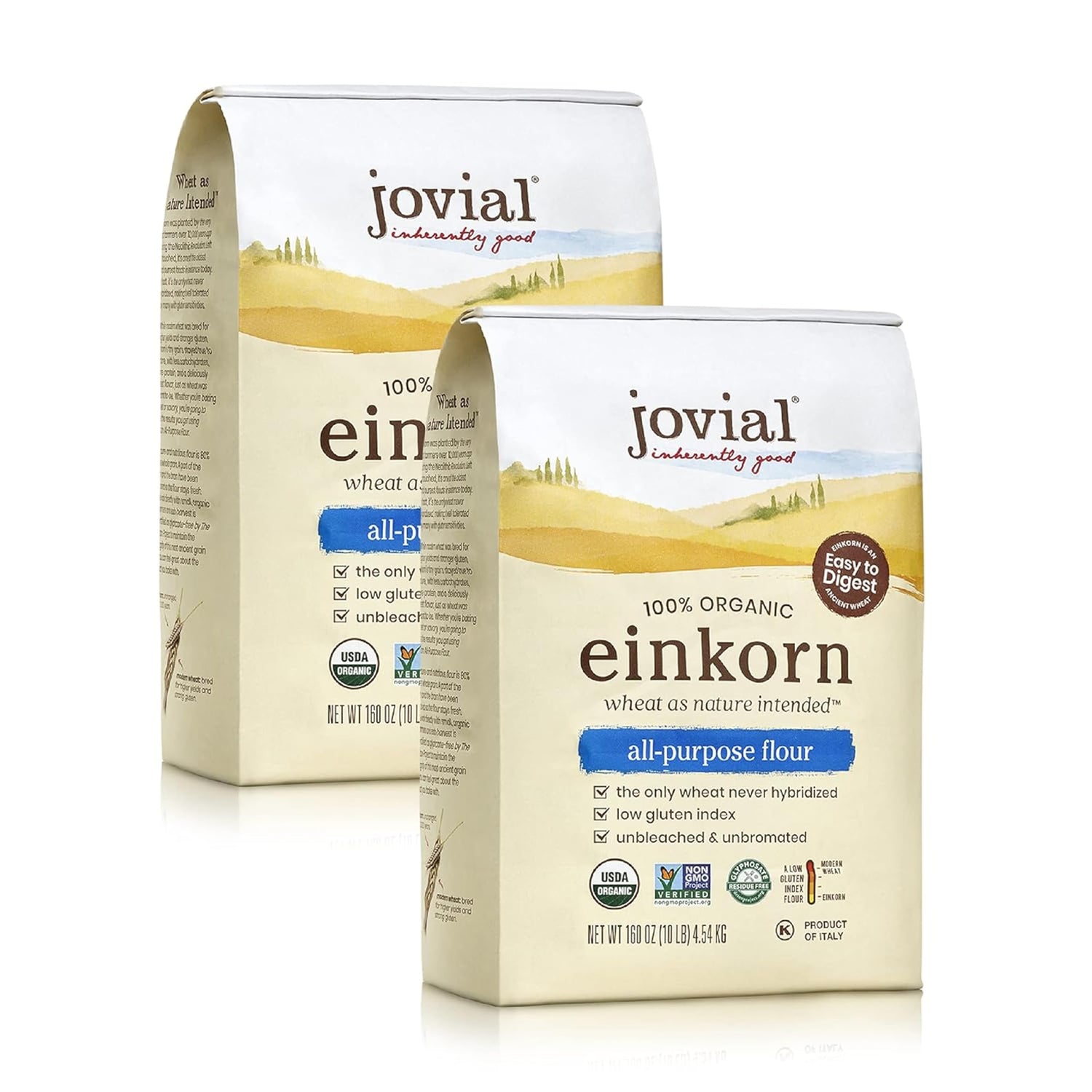 Jovial Einkorn flour bag close-up showing nutty baking quality