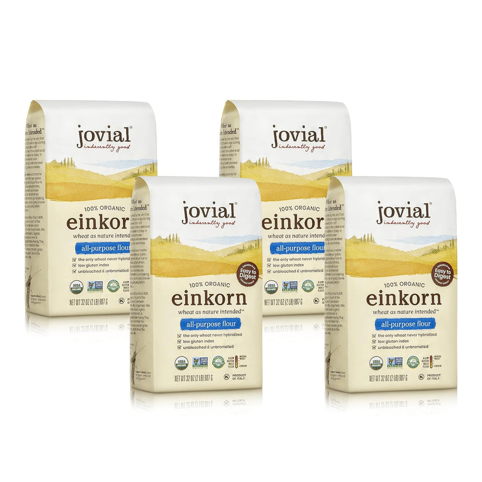 Jovial Einkorn flour bag shows organic high protein flour for versatile baking