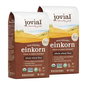 Jovial Einkorn flour bag highlighting organic, non-GMO einkorn for superior bread flavor.