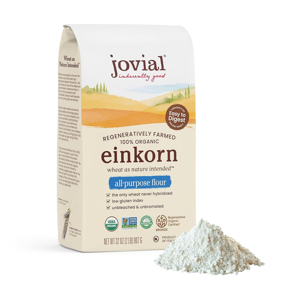 Jovial Einkorn flour packaging bag signals organic and non-GMO baking benefits