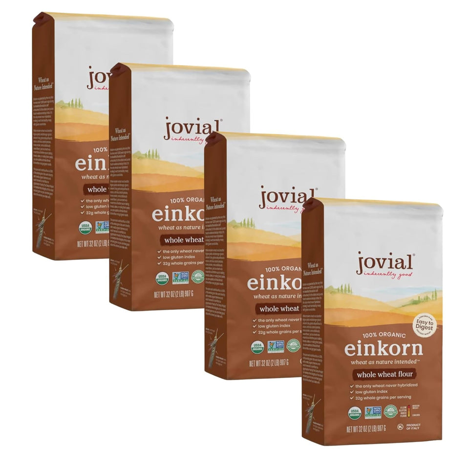 Jovial Einkorn flour packaging with organic and non-GMO labeling for informed baking.
