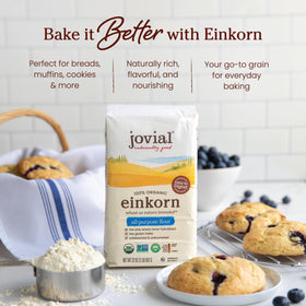 Jovial Einkorn flour being poured into a pancake batter bowl