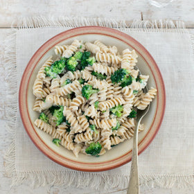 Jovial Einkorn Fusilli in a boiling pot hints at easy weeknight cooking.