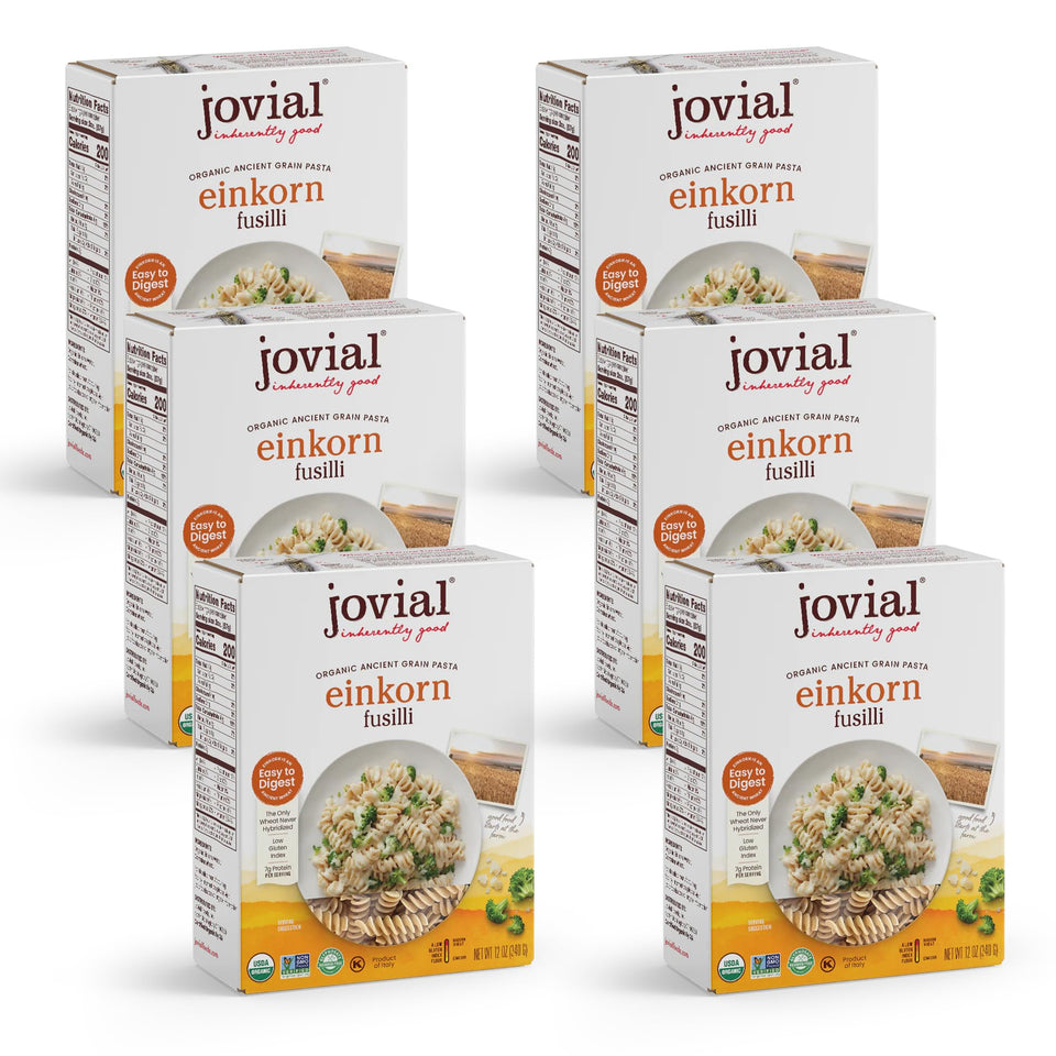 Jovial Einkorn Fusilli packaging highlights organic, non-GMO pasta for wholesome meals.