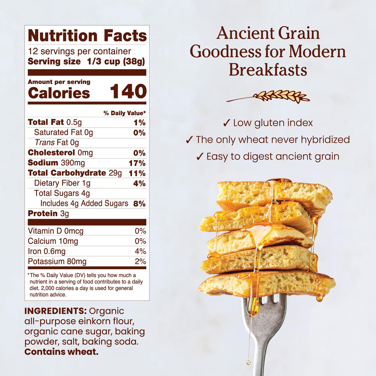 Jovial einkorn ingredients closeup showing organic, non-GMO grain.
